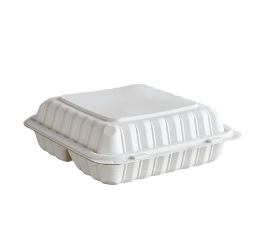 9x 9 3-Compartment Microwaveable White Plastic Hinged Container - 150/Case