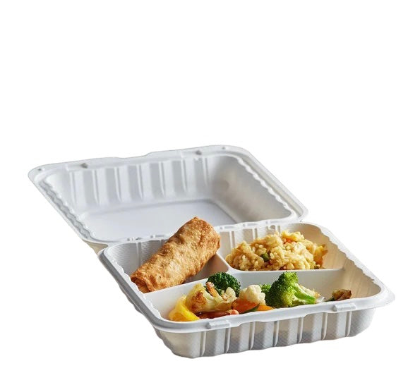 9x 9 3-Compartment Microwaveable White Plastic Hinged Container - 150/Case